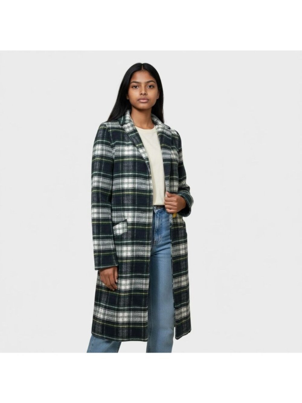 Tartan Plaid Coat Midi Wool Blend XS Preppy EUC Classic Green Navy White